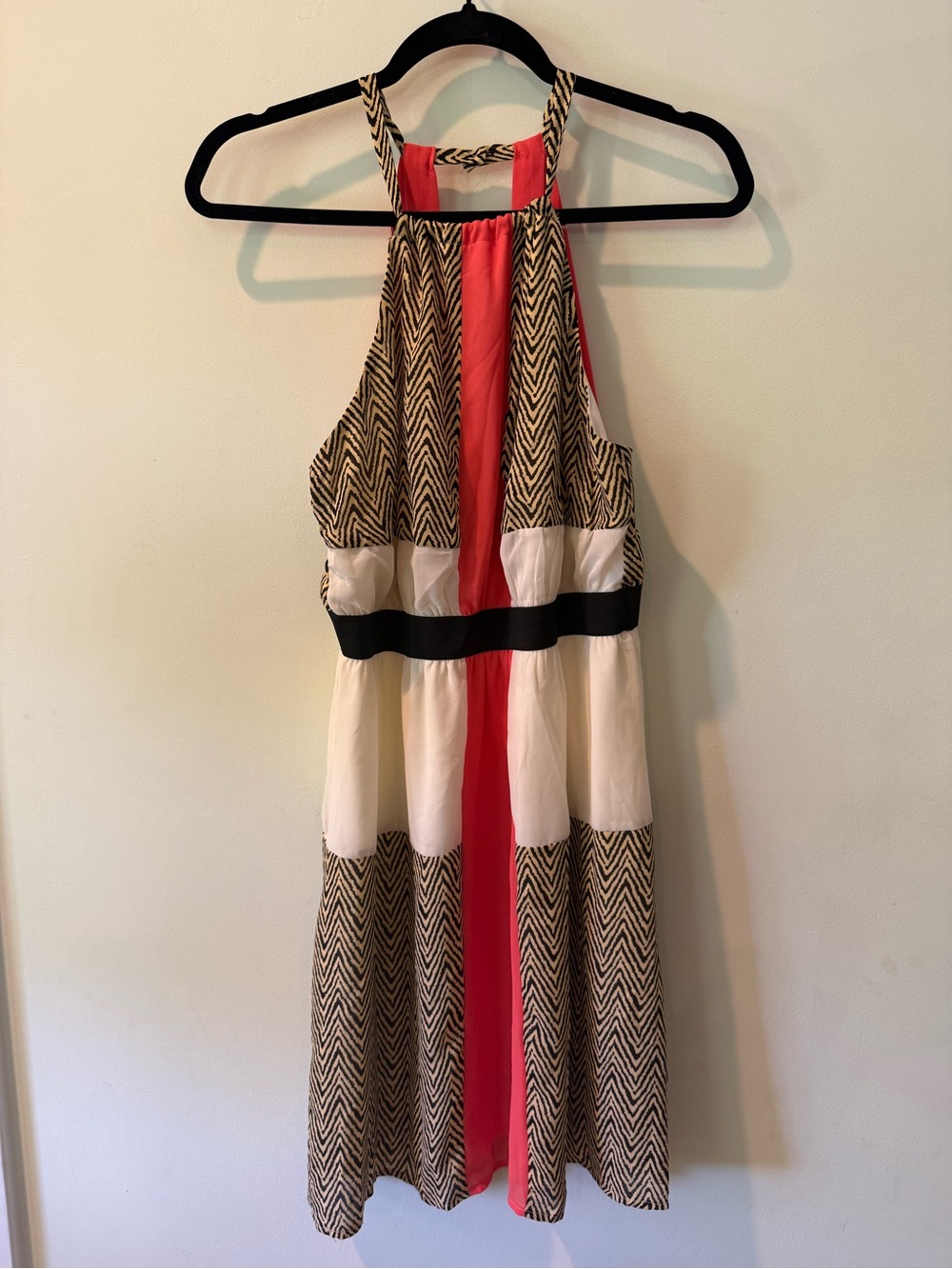 Halter Neck Chevron Print Dress with Coral Stripe